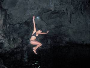 She braved a 15 foot jump into the murky waters of i-forgot-the-name-cave